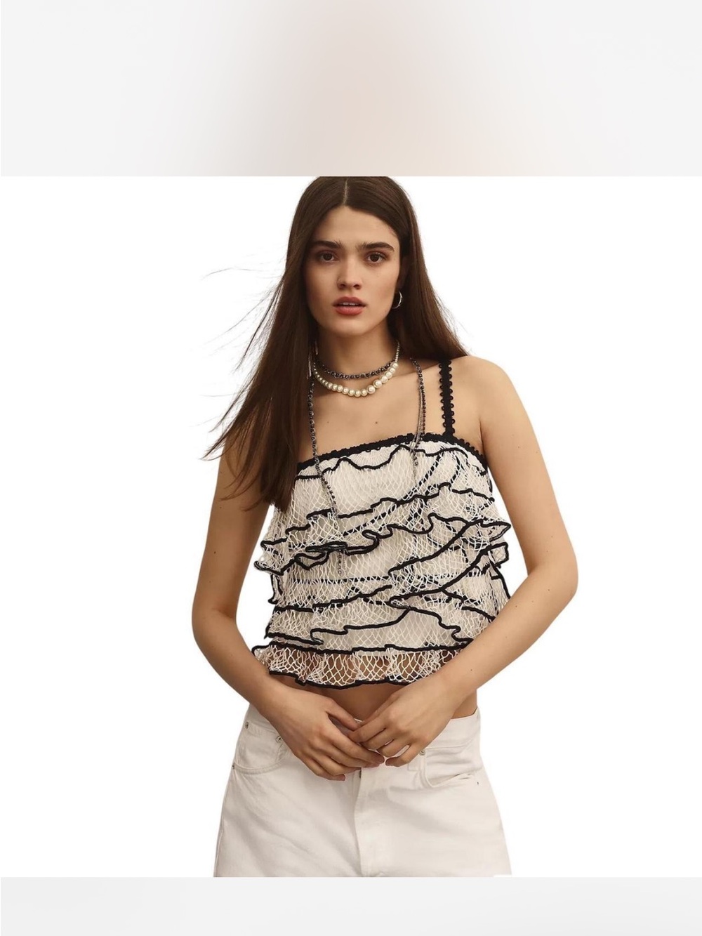 Anthropologie White Cami with Black Trim Ruffle Detail - Picture 5 of 5
